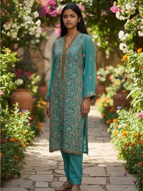 Teal Embroidered Straight Kurta with Gold Accents - Women Kurtas